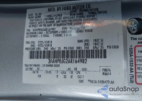 2010 Ford Fusion Sel z USA, uszkodzony, nr VIN 3FAHP0JG2AR164982